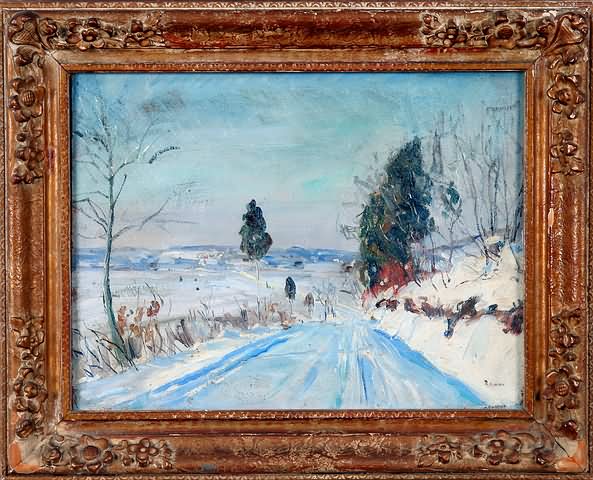 Appraisal: Winter landscape oil on masonite x SLR Baum short artist's