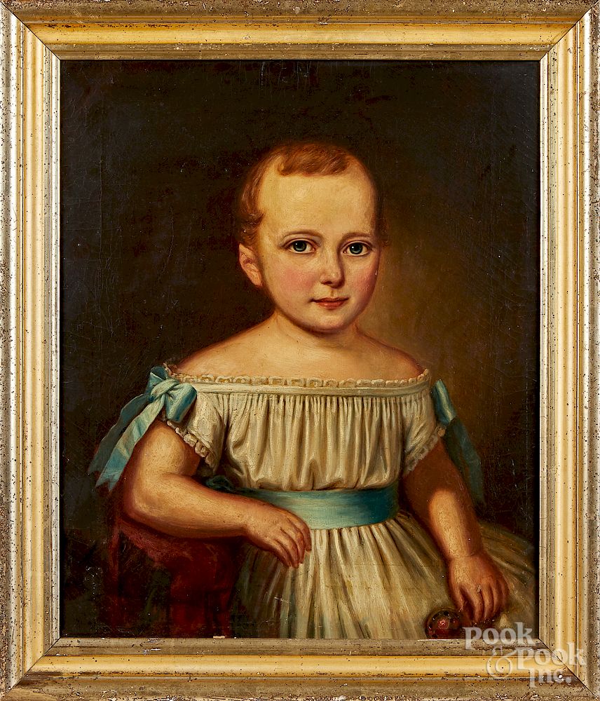 Appraisal: Oil on canvas portrait of a child with rattle Oil