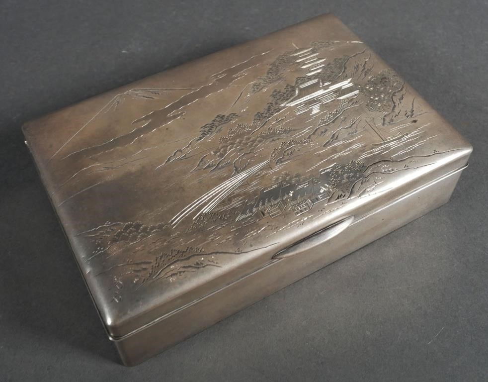 Appraisal: Sterling silver box with wooden interior and mountain Mt Fuji