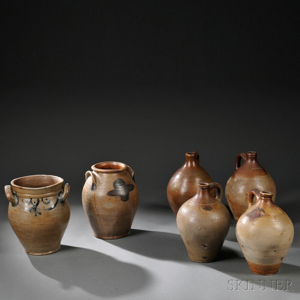 Appraisal: Four Salt-glazed Stoneware Jugs and Two Crocks America early th