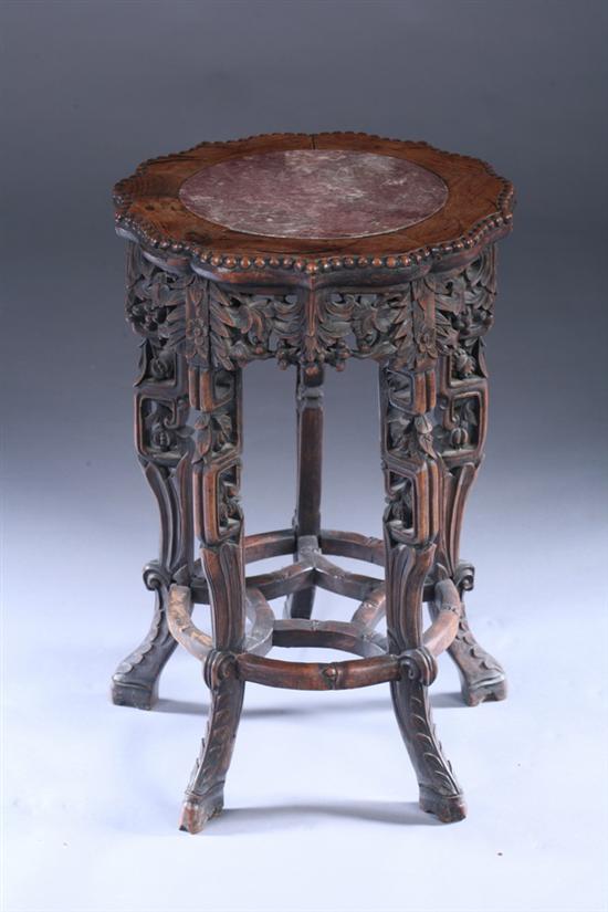 Appraisal: CHINESE RED MARBLE INSET HARDWOOD STAND Late th early th