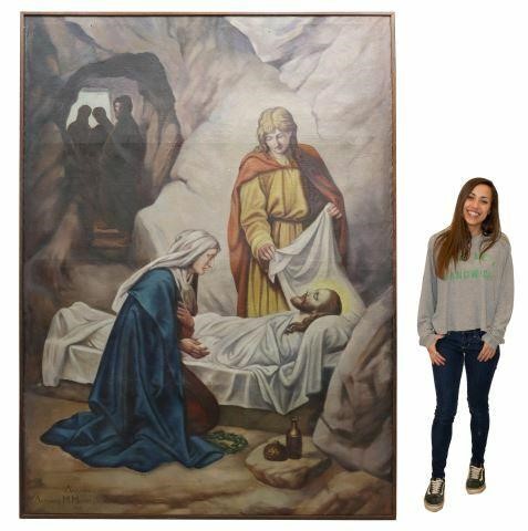 Appraisal: Large framed religious painting Jesus in the Sepulchre Tended by