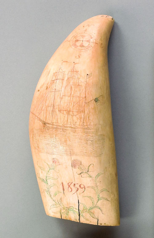 Appraisal: Scrimshaw whale tooth dated decorated with an American ship beneath