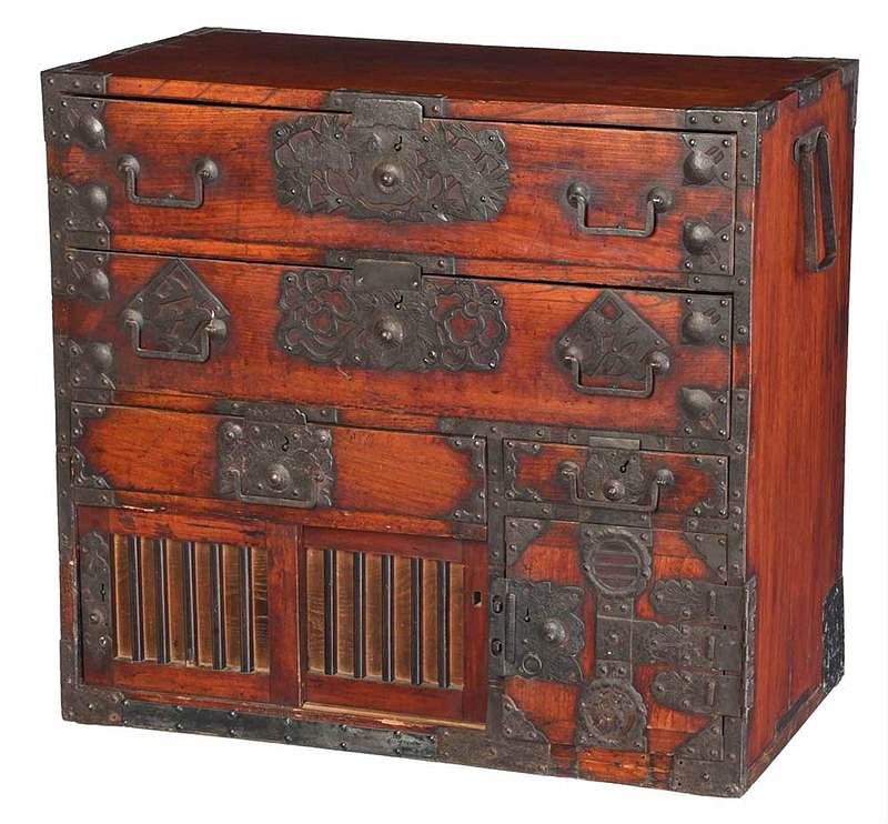 Appraisal: Japanese Tansu Chest th th century iron mounted chest pierced