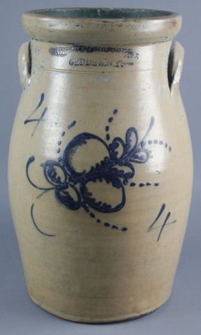 Appraisal: New York Four-Gallon Stoneware ChurnStamped with makers mark top line