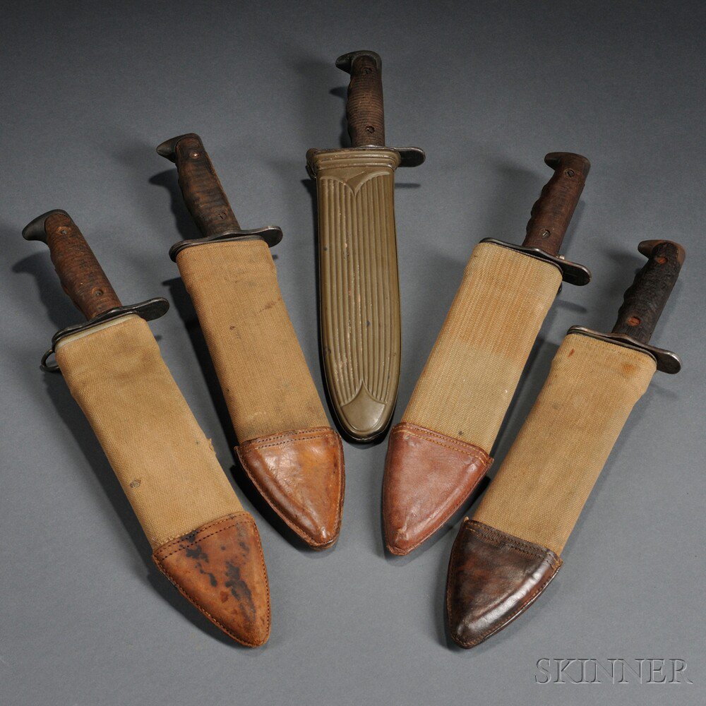 Appraisal: Three Model and Two Model Bolo Knives with Scabbards c