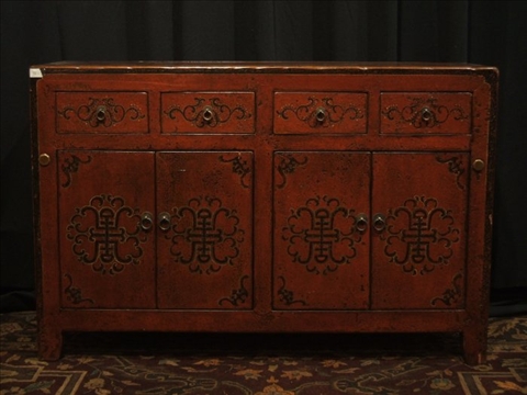 Appraisal: CHINESE STYLE RED PAINTED SIDE CABINET th century the rectangular