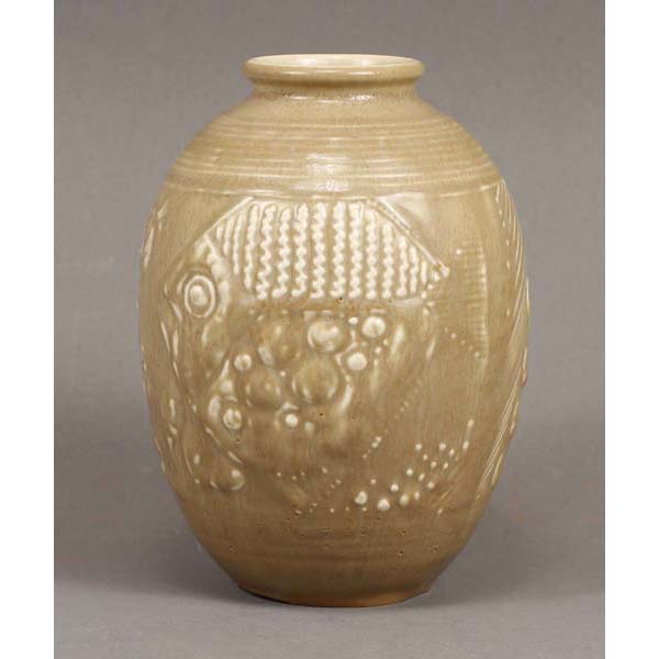 Appraisal: Rookwood Production Fish Motif Vase William Hentschel Design Beige Tan