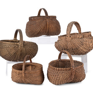 Appraisal: Five Woven Buttocks Baskets American th Century Height of largest