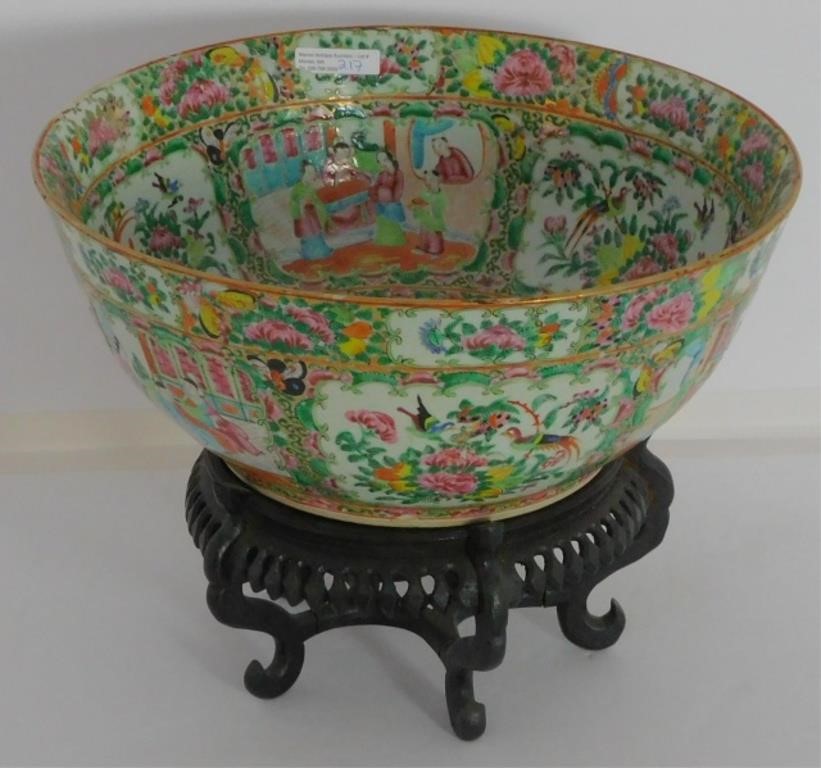 Appraisal: ROSE MEDALLION PORCELAIN PUNCH BOWL RIM SHOWINGslight roughage diameter high