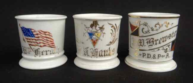 Appraisal: Lot three painted shaving mugs including American flag ''J W