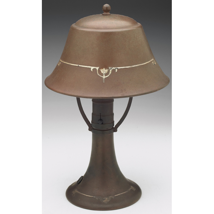 Appraisal: Heintz lamp attribution in bronze appliedsilver overlay stylized design originalpatina