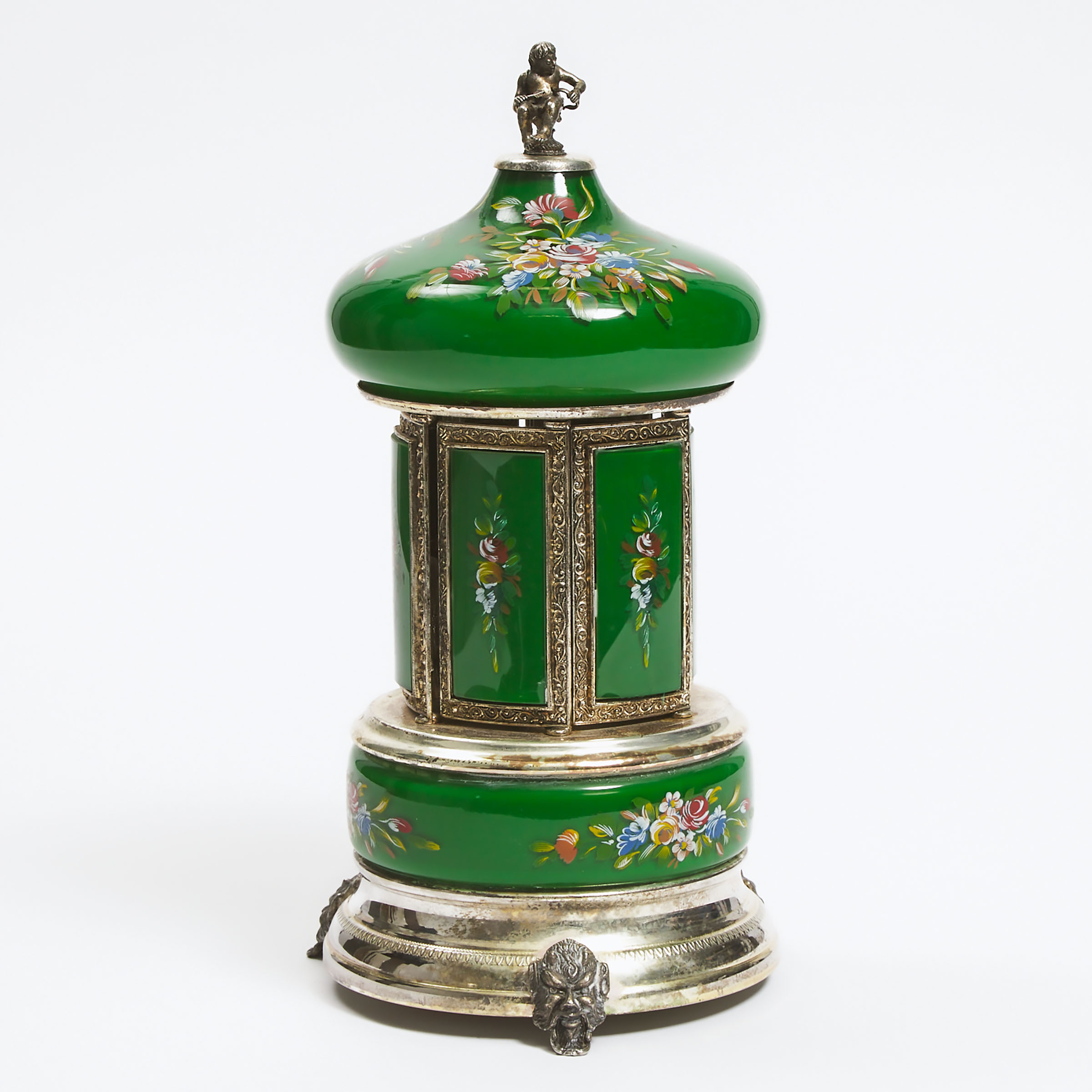 Appraisal: Italian Enamelled Glass and Silvered Metal Automaton Cigarette Caddy Simo