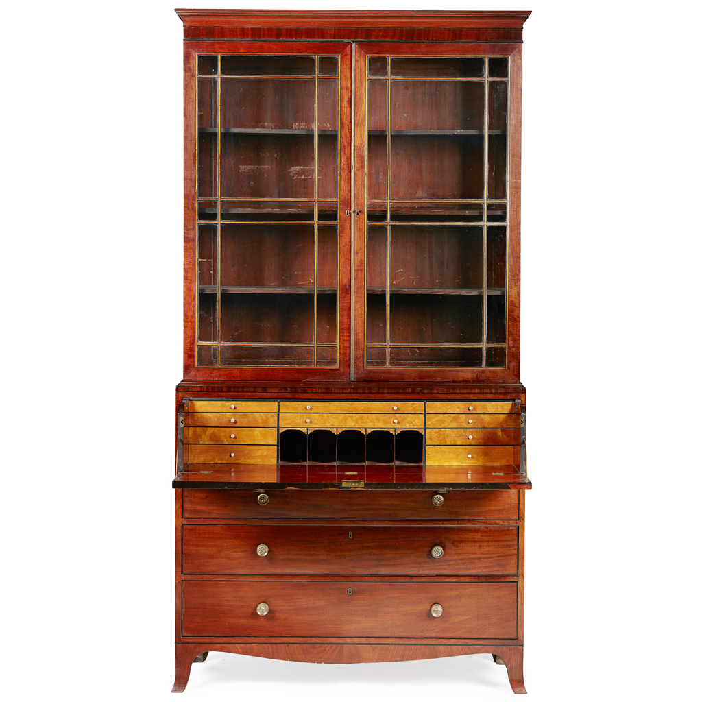 Appraisal: LATE GEORGE III MAHOGANY EBONISED AND SATIN BIRCH SECRETAIRE BOOKCASE