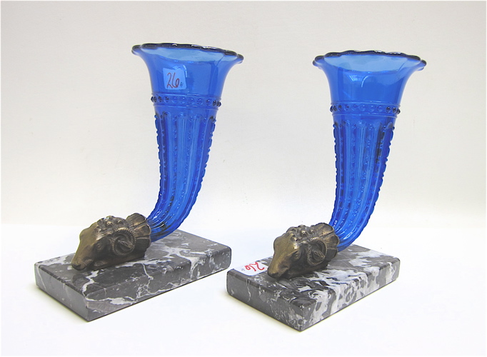 Appraisal: PAIR OF COBALT BLUE VASES bronze figural ram heads with