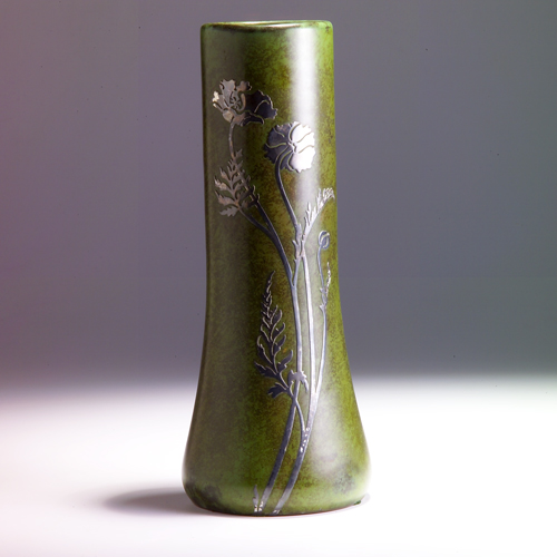 Appraisal: HEINTZ Tall Sterling-on-Bronze vase overlaid with poppies on verdigris ground