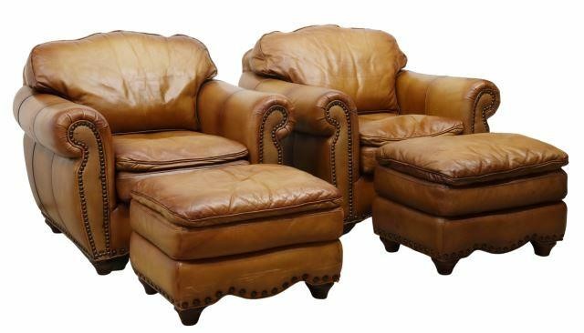 Appraisal: lot of Contemporary brown leather armchairs and ottomans King Hickory