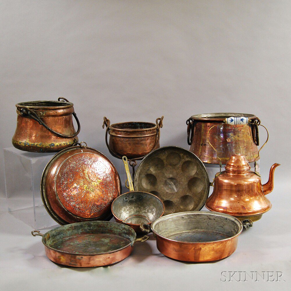 Appraisal: Nine Copper Vessels a sieve a mold three hanging pots