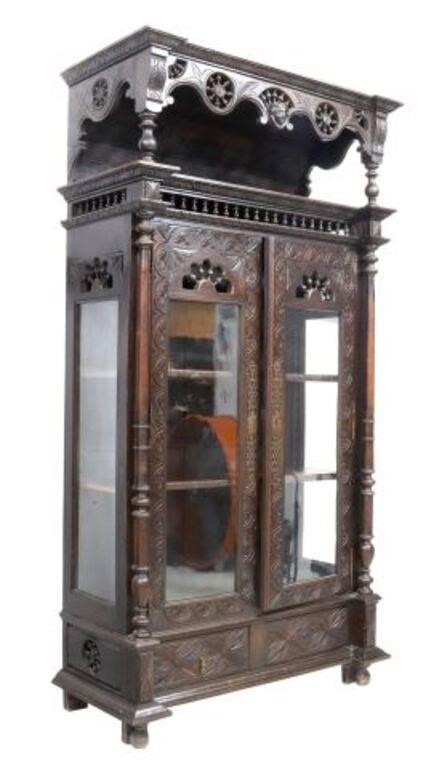 Appraisal: French Provincial carved oak bookcase display case Brittany late th