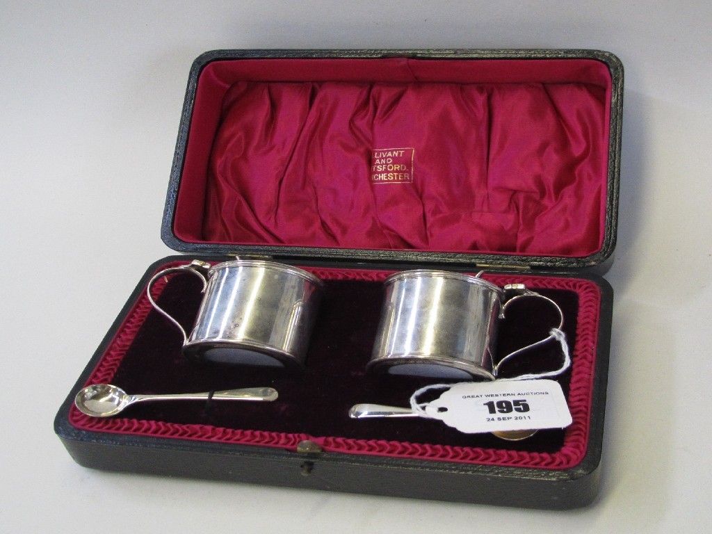 Appraisal: Cased pair of silver mustard pots Sheffield