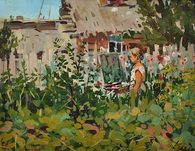 Appraisal: Valentin Kavoline Russian - Kitchen garden Oil on board image