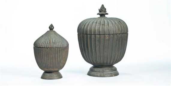 Appraisal: TWO ELEGANT BRONZE LIDDED POTS CROWNED BY A LOTUS BUD