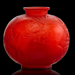 Appraisal: LALIQUE Poissons vase cased red glass LALIQUE Poissons vase France