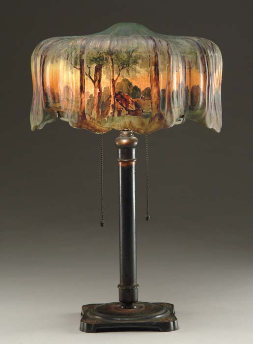 Appraisal: RARE PAIRPPOINT PALM TABLE LAMP Countryside scene is obverse painted