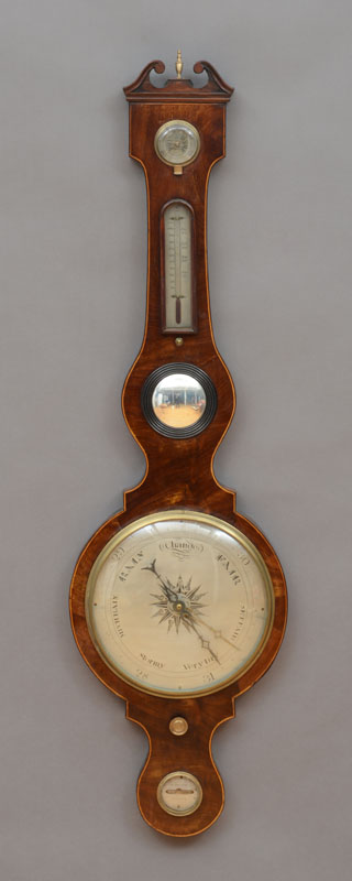 Appraisal: ENGLISH INLAID MAHOGANY WHEEL BAROMETER Unsigned incorporating dry damp thermometer