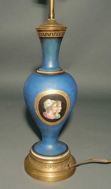 Appraisal: Blue porcelain urn th c with oval painted panel with