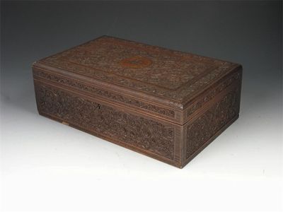 Appraisal: An Anglo-Indian carved walnut box the hinged cover with monogram