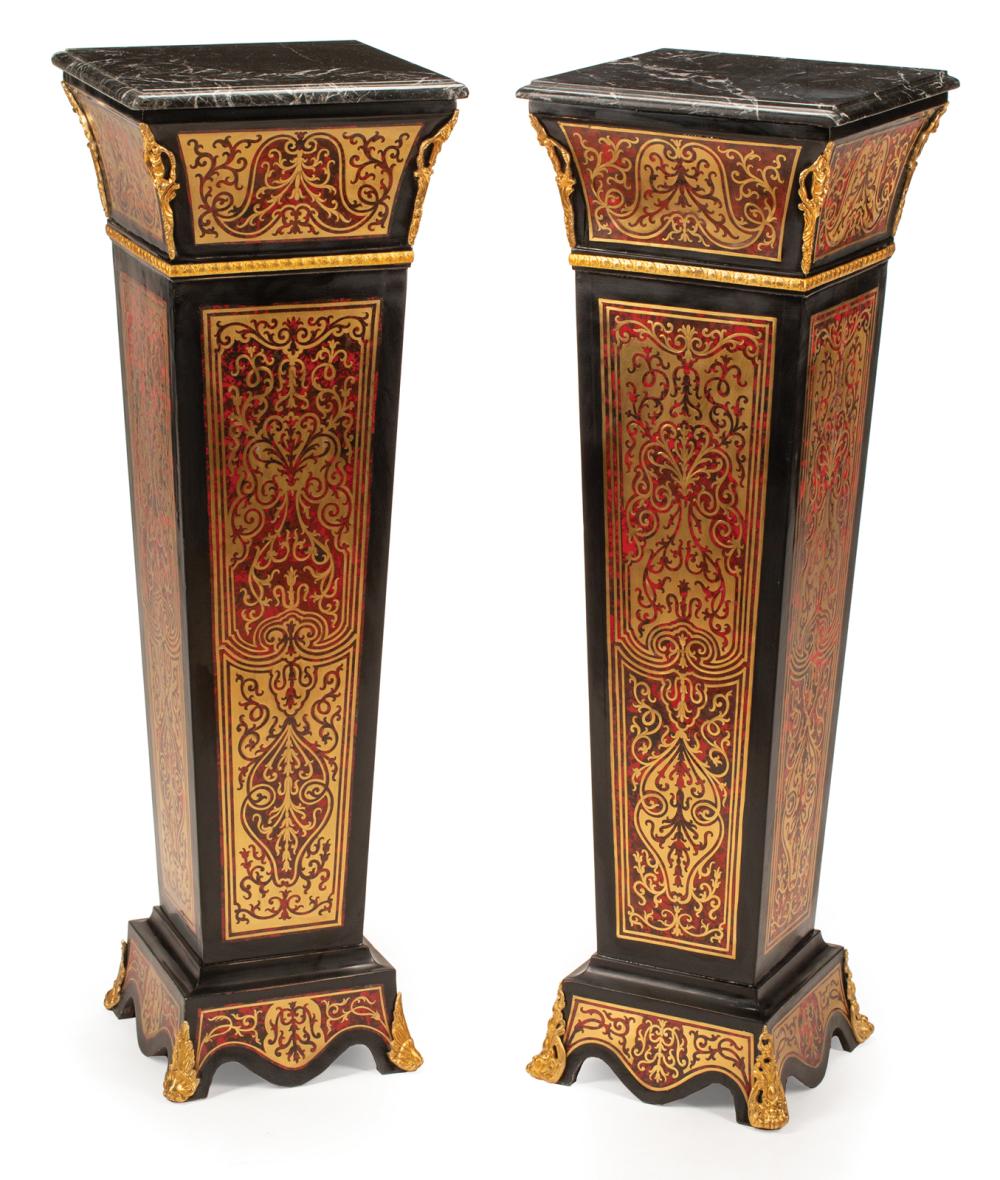 Appraisal: Pair of Boulle-Style Ebonized and Bronze-Mounted Pedestals molded black marble