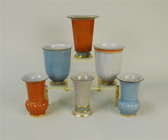 Appraisal: COLLECTION OF SIX ROYAL COPENHAGEN GILT DECORATED CRACKLE GLAZE VASES