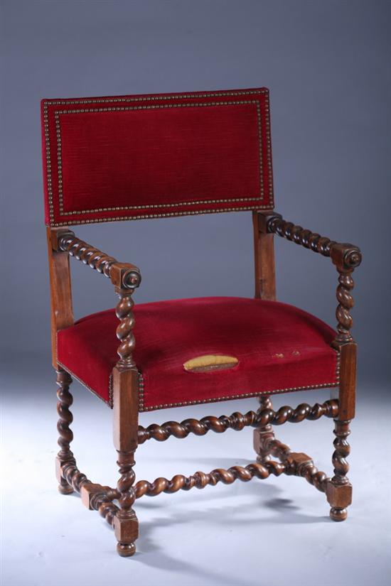 Appraisal: CROMWELLIAN STYLE WALNUT ARM CHAIR th Century Rectangular padded back