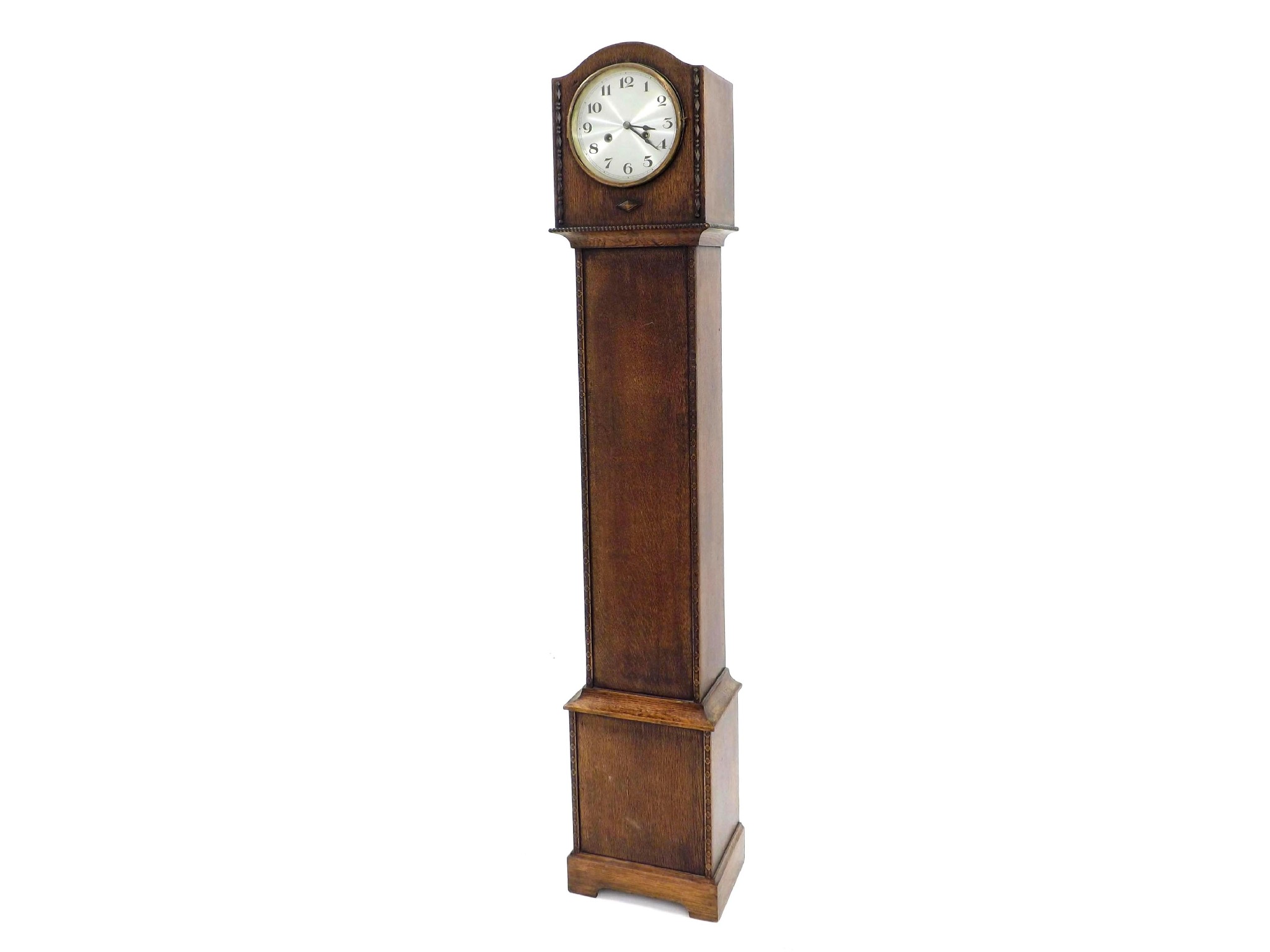 Appraisal: Oak eight day grandmother clock the silvered circular dial within