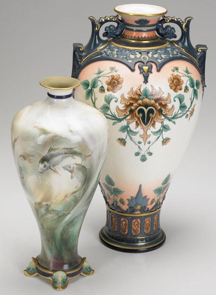 Appraisal: HADLEY S WORCESTER Two vases one hand-painted with fish the