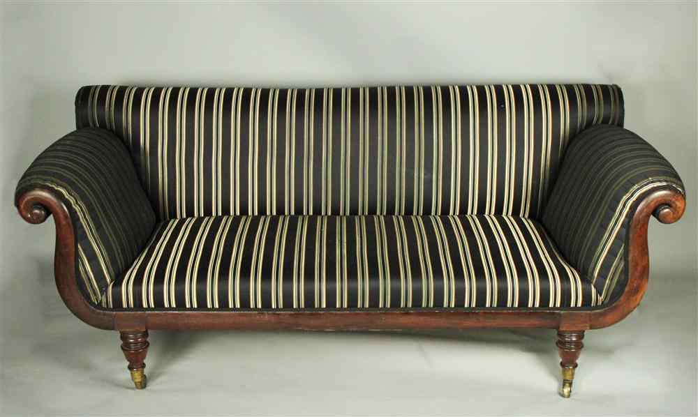 Appraisal: CLASSICAL MAHOGANY SOFA WITH BLACK AND CREAM STRIPED UPHOSTERY circa