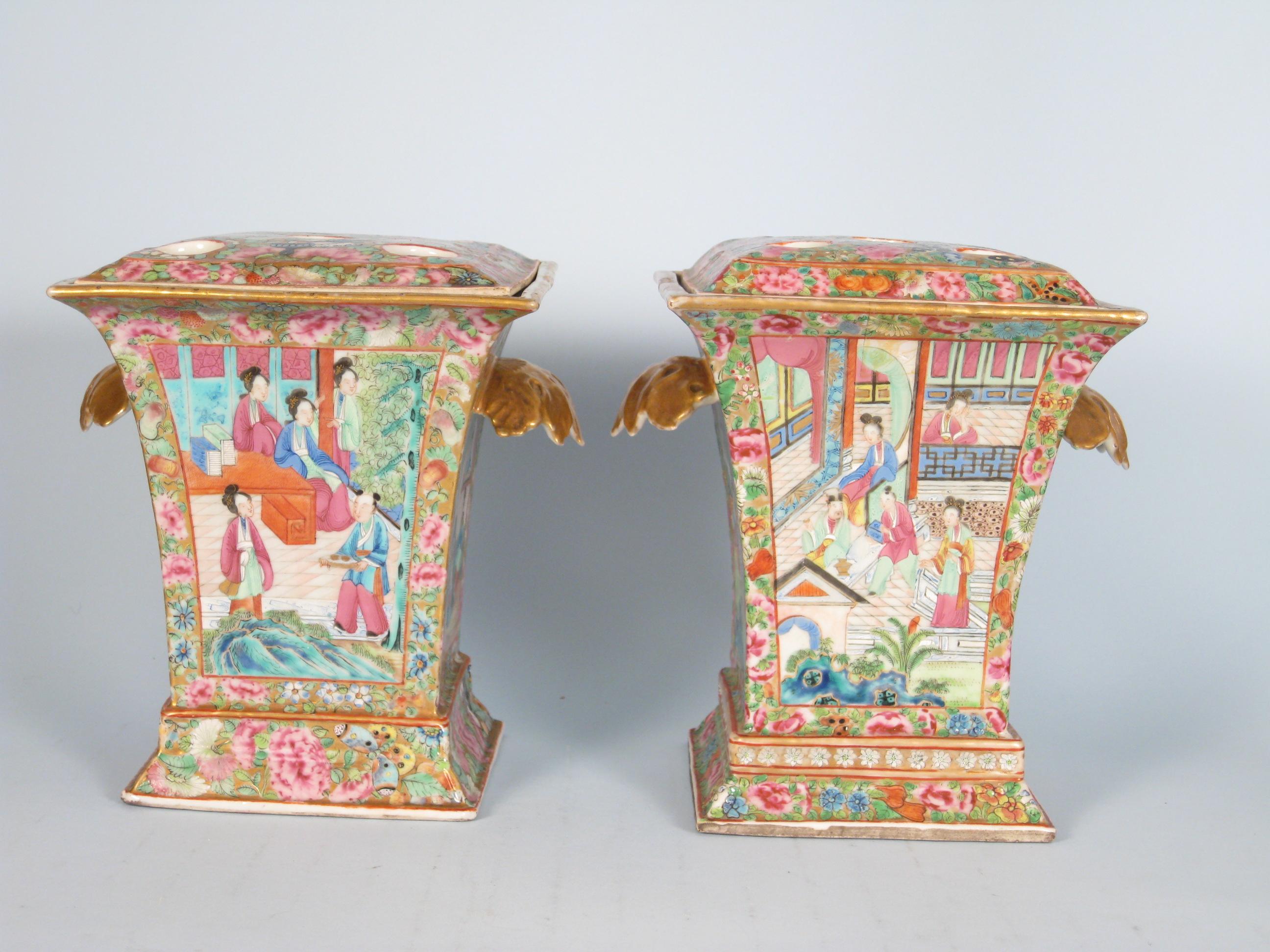 Appraisal: Pair of Cantonese square form Vases flared rims and pierced