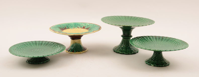 Appraisal: Three English Green-Glazed Majolica Basketweave Stemmed Cake Stands and a