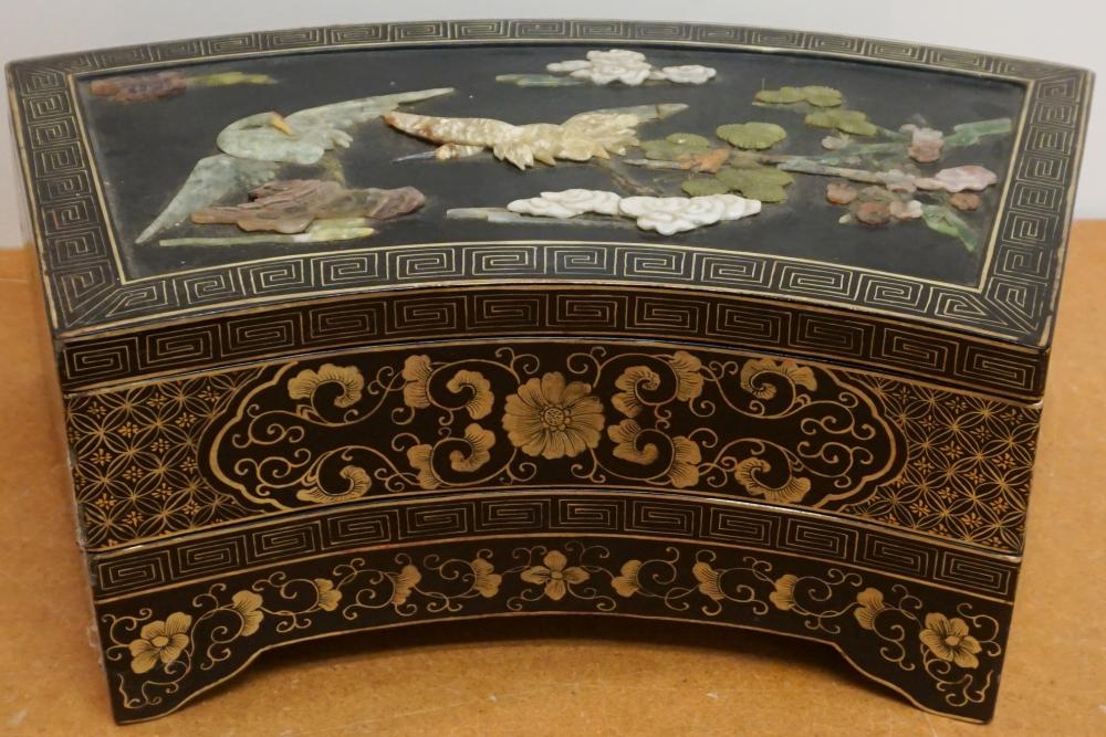 Appraisal: Chinese Gilt and Soapstone Decorated Black Lacquered Fan-Form Box x