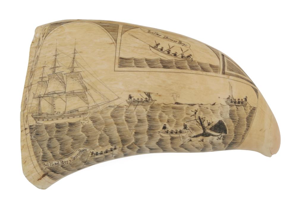 Appraisal: EXCEPTIONAL SCRIMSHAW WHALE'S TOOTH BY THE VIGNETTE ARTIST MID- TH