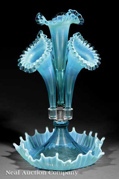 Appraisal: A Victorian Fiery Opalescent Blue Blown Glass Epergne late th