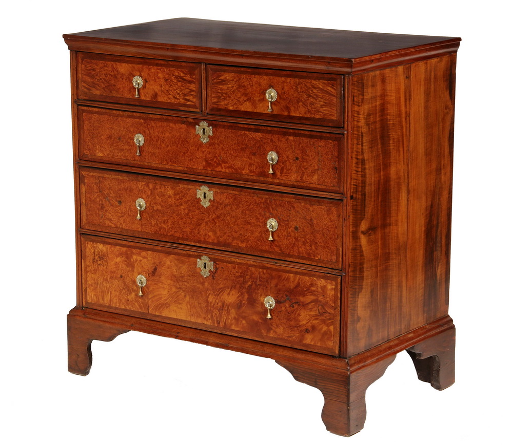 Appraisal: CHIPPENDALE CHEST - Curly Maple Burled Walnut Pine Dresser molded