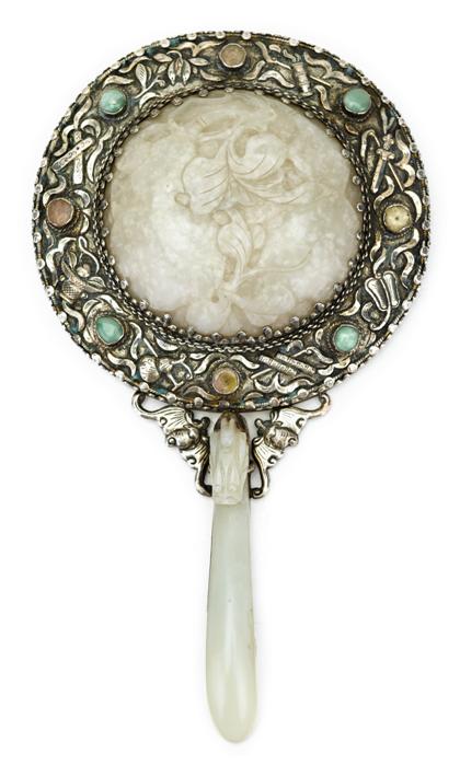 Appraisal: Chinese white jade silver and mineral insert mirrorjade th century