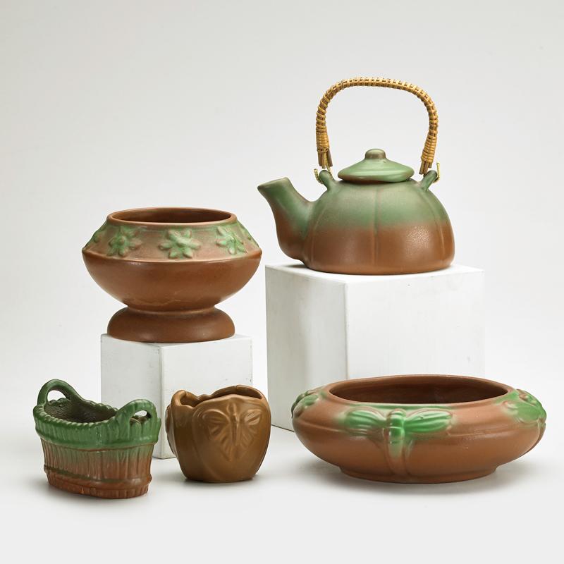 Appraisal: VAN BRIGGLE Five pieces in Mountain Crag glaze two-handled basket