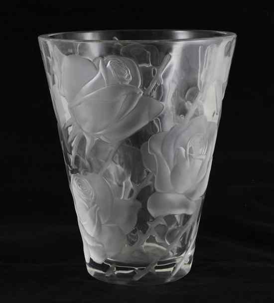 Appraisal: A Lalique rose pattern conical vase post-war moulded in bas-relief