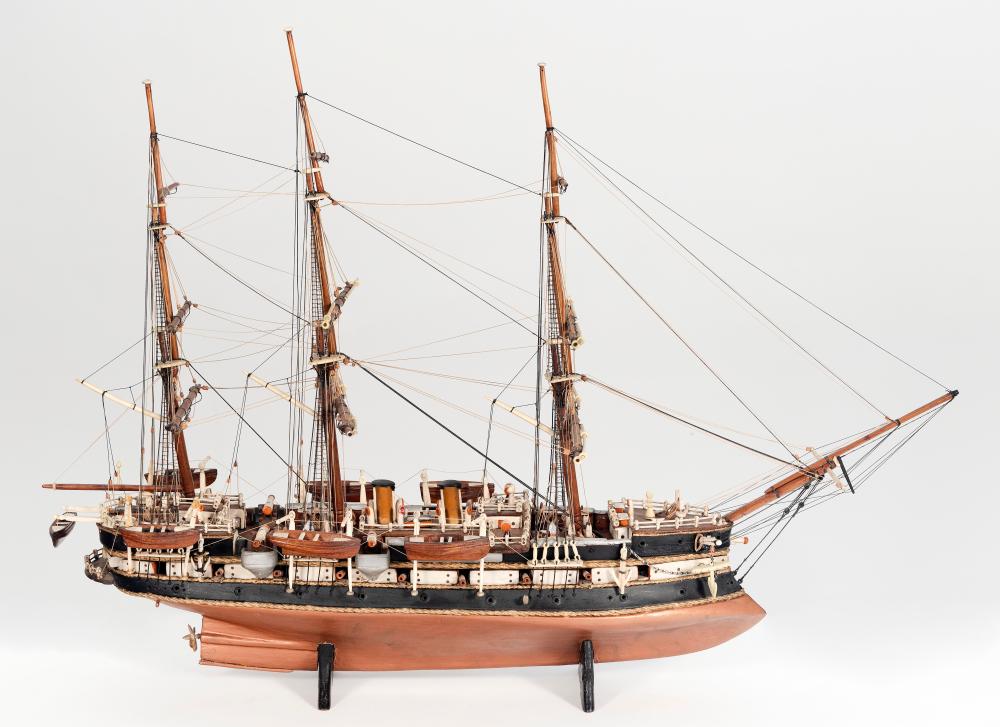 Appraisal: FOLK ART MODEL OF A THREE-MASTED RAM-BOW CRUISER TH CENTURY