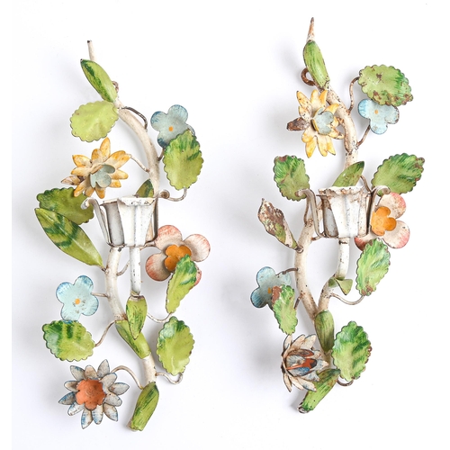 Appraisal: A pair of polychrome metal single light floral wall sconces