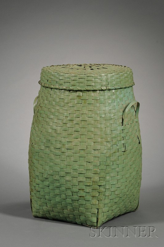 Appraisal: Large Green-painted Woven Splint Covered Basket New England early th