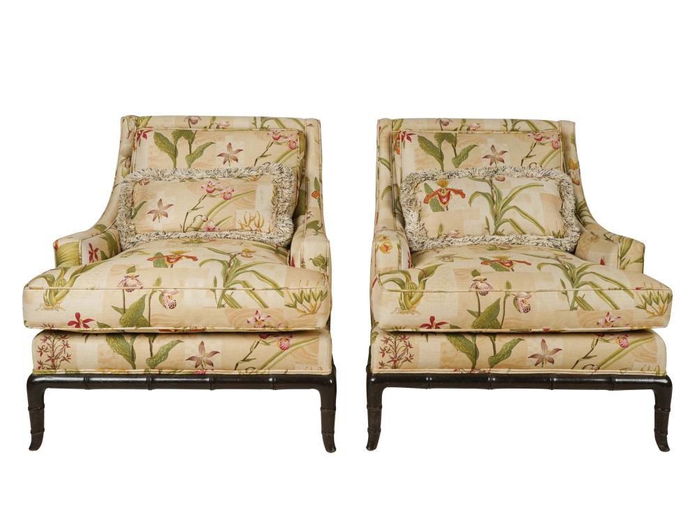 Appraisal: PAIR OF EBONIZED FAUX BAMBOO ARMCHAIRSmanufacturer unknown covered with botanical